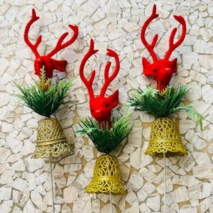 Vintage 70s Red Deer and gold bell Christmas Picks Ornaments set of 3 RARE
